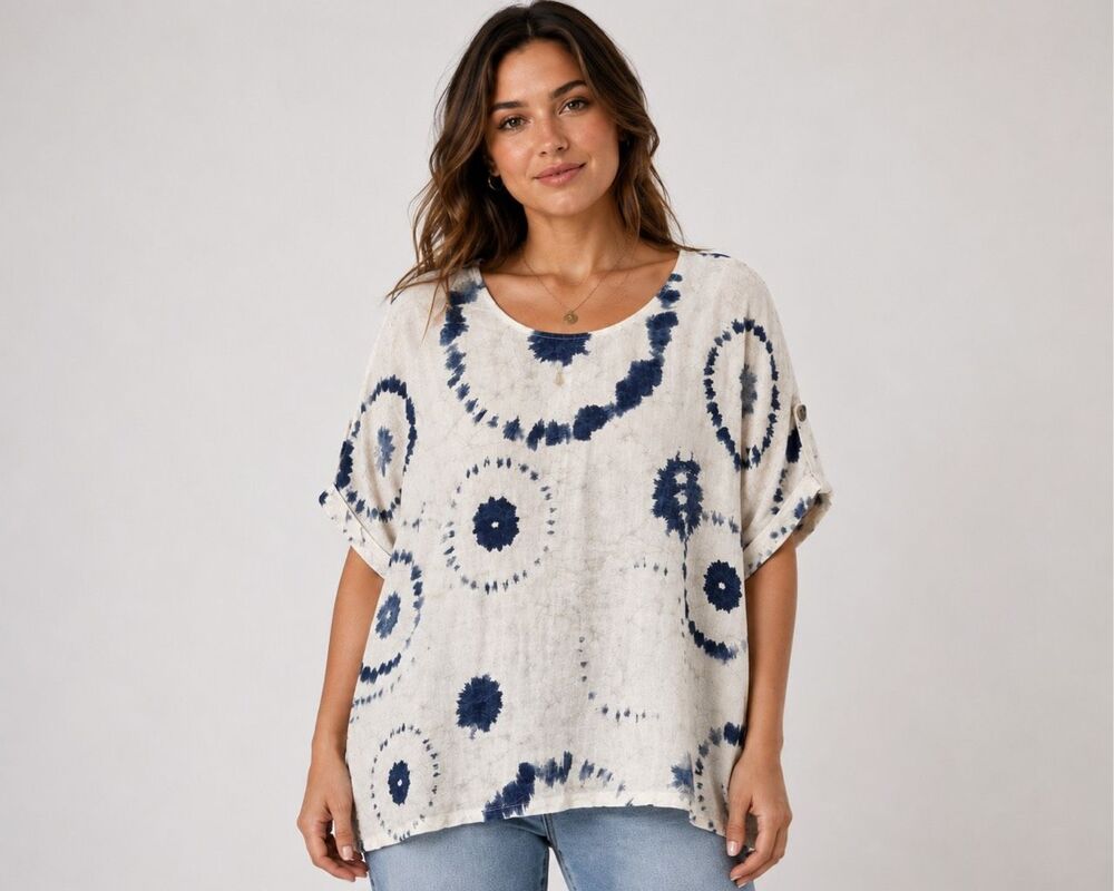 Bella Amore Italy White Blue Linen Tie Dye Oversized Lagenlook Top One Size XL